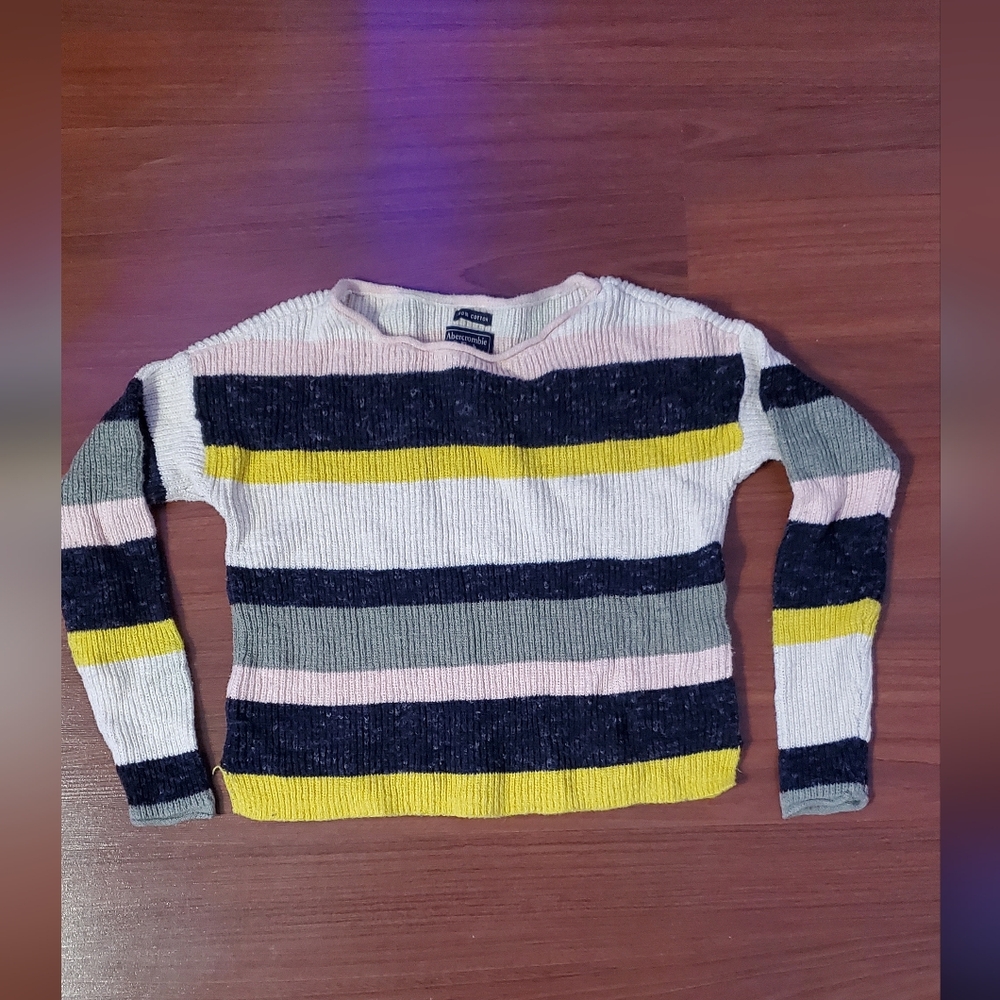 Abercrombie & Fitch Striped Crewneck Sweater in Navy, Yellow, Pink, Gray & Cream